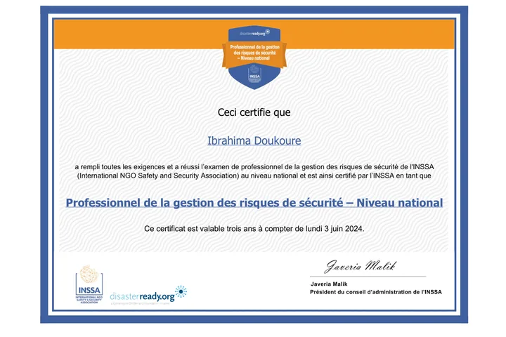 Professionnel de la gestion des risques de sécurité – Niveau national de International NGO Safety and Security Association (INSSA)